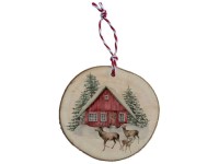 Závěs dřevo Vánoční ozdoba 60 mm - Domeček a srnky